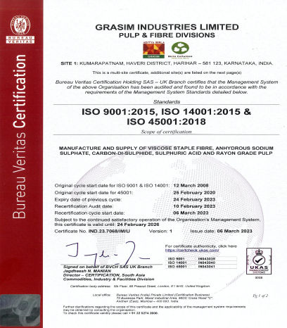 Grasim Harihar ISO 9001, 14001, 45001 Certificate Feb 2026