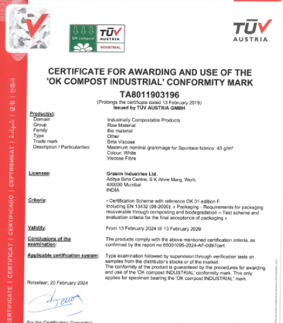 Grasim Industries - Certificate For Awarding And Use Of The 'Ok Compost Industrial' Conformity Mark