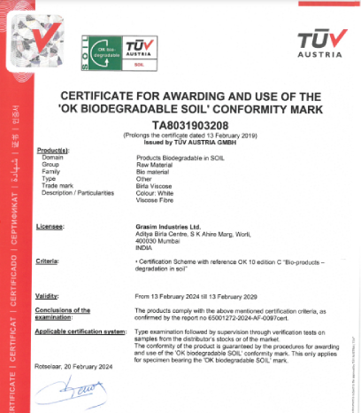 Grasim Industries - Certificate For Awarding And Use Of The 'Ok Biodegradable Soil' Conformity Mark