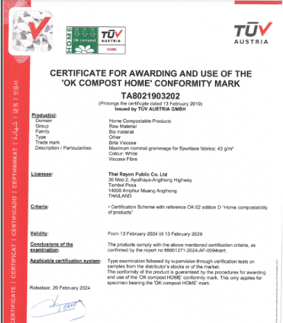 Thai Rayon - Certificate For Awarding And Use Of The ‘OK COMPOST HOME’ Conformity Mark