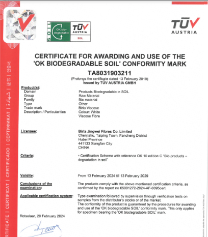 Birla Jingwei - Certificate For Awarding And Use Of The ‘OK BIODEGRADABLE SOIL’ Conformity Mark